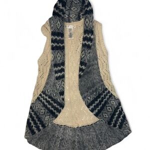Boho Cable Knit Textured Knit Hooded Vest HighLow Hem Neutral Tones M Sleeveless